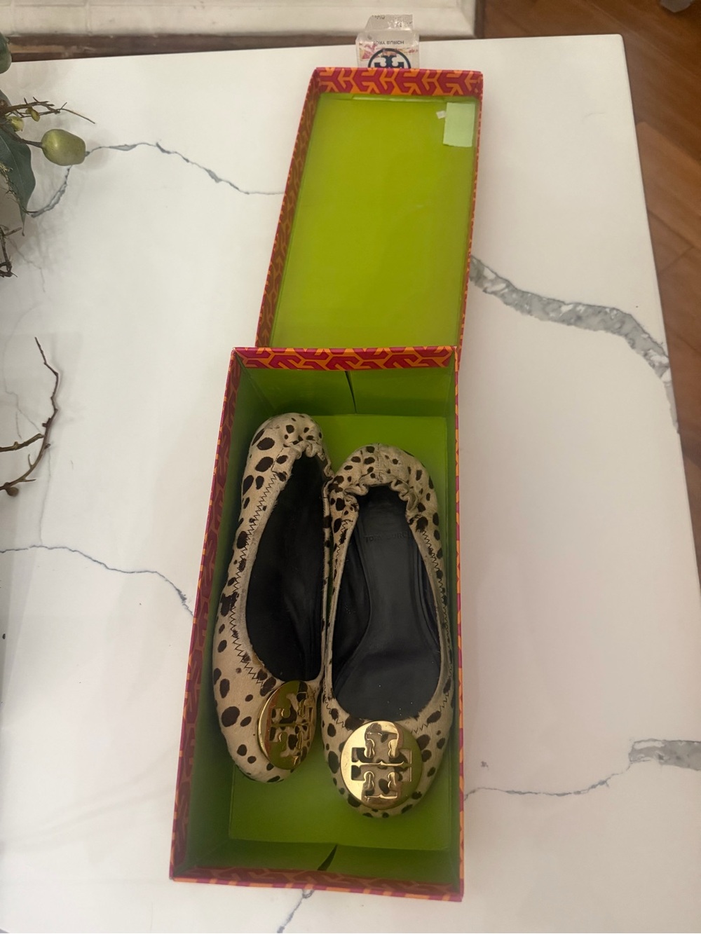 Tory Burch Beige and Black Leopard Reva Ballet Flats with Gold Logo